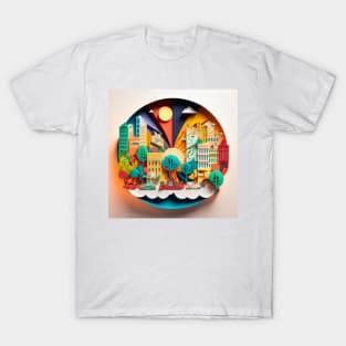 3D Effect Papercut Art - Cityscape Scene T-Shirt